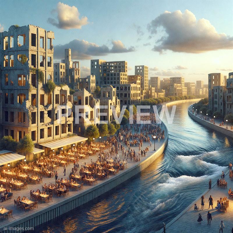 The image depicts a modern urban waterfront scene during sunset, featuring a row of partially ruined, contemporary buildings with irregular shapes and openings, interspersed with greenery. Along the water's edge, there is a lively outdoor dining area with numerous tables and chairs, illuminated by warm lighting, and a pedestrian walkway populated with people walking and enjoying the view. The waterway curves through the city, with gentle waves and reflections of the buildings and sky, creating a vibrant and dynamic atmosphere.